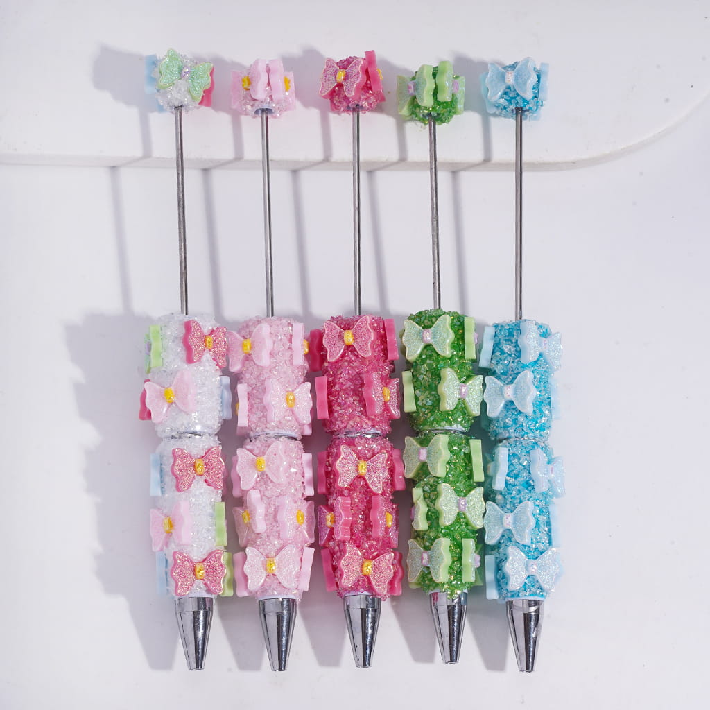 UV-Coated Bowtie Details Fully Covered Design in Various Colors Handcrafted Beadable Sugar Clay Pens with Broken Rhinestones
