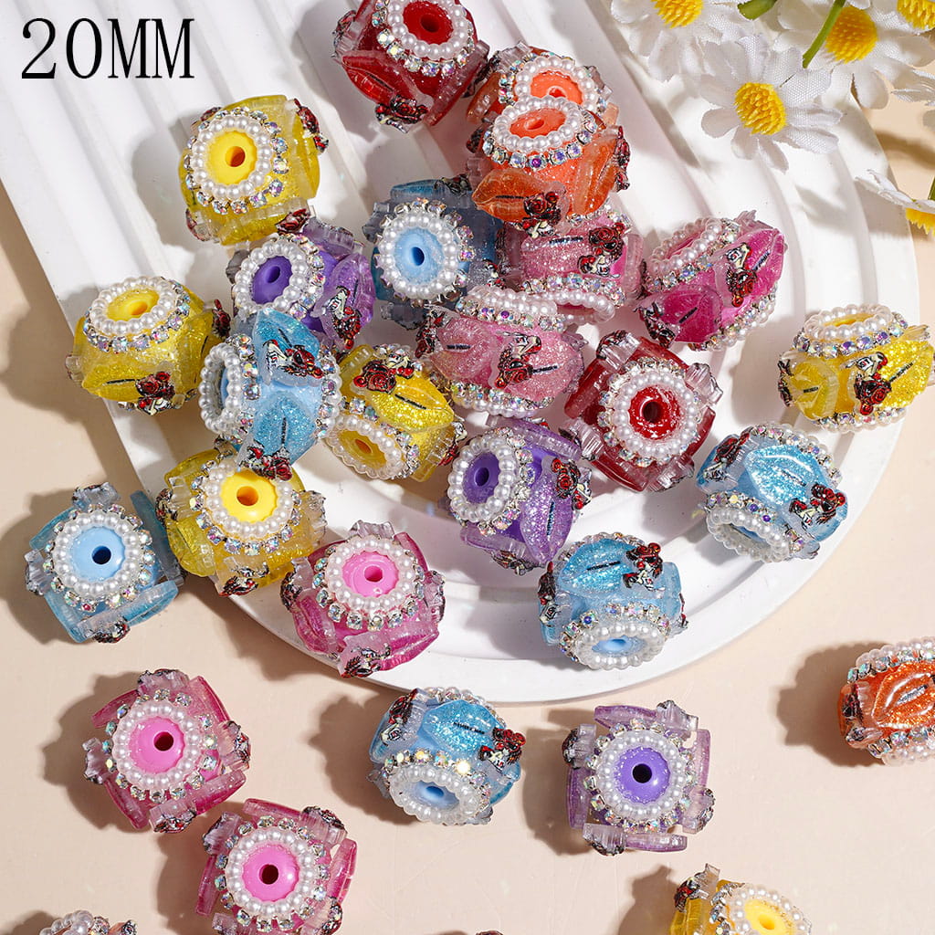 Fashionable Girl with Glitter Lips Handmade Acrylic Beads with White Pearl & AB Rhinestone Trim, 20MM, Random Mix