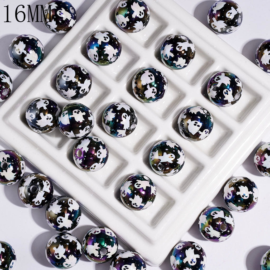 UV-Coated Halloween White Ghost Print Black Round Acrylic Beads for Bracelets, 16MM, Random Mix