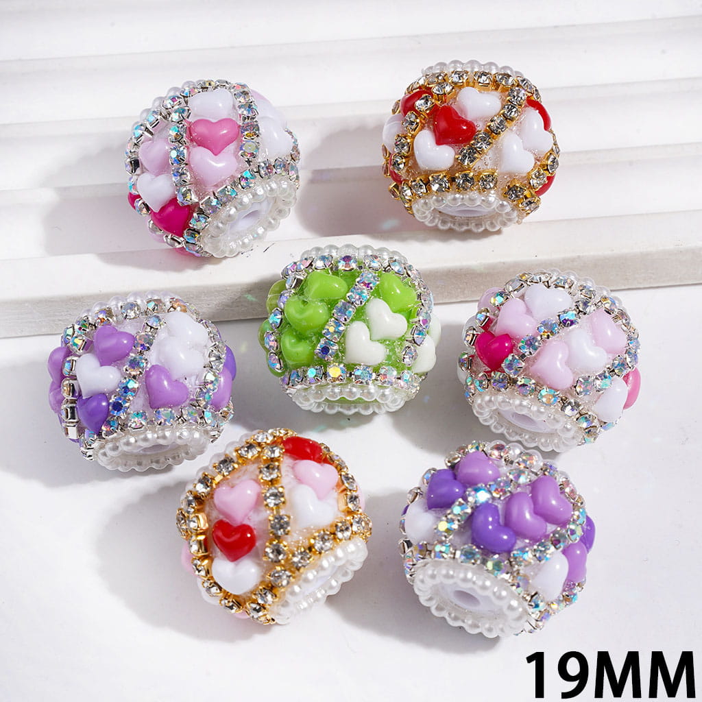 Macaron Color Heart Acrylic Beads with Rhinestones, White Pearl Balls and Gold or Silver Chains, 19MM, Random Mix