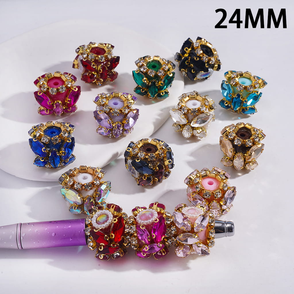 Marquise Cut Rhinestones, Clear Stones in Gold Alloy Claw Settings, and White Pearl Chain Details in Multi-Color Acrylic Beads 24MM,