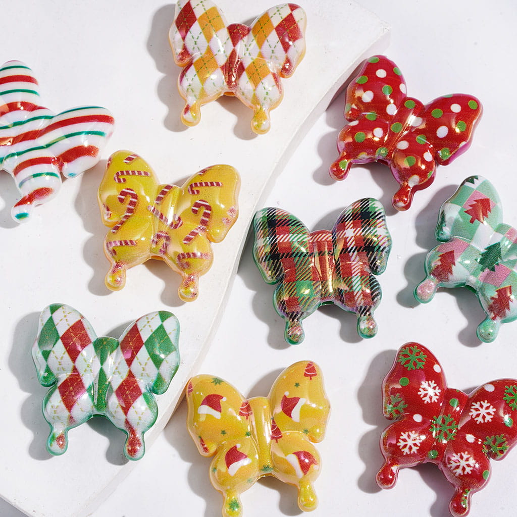 Acrylic Beads Butterfly in Christmas Theme, UV Finish, 28*29MM Random Mix