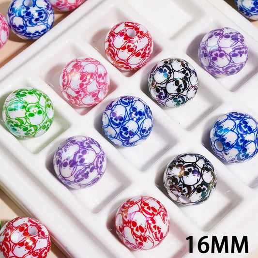 UV Coating Halloween Skull Print Round Acrylic Beads for Bracelets 16MM, Multi-Color