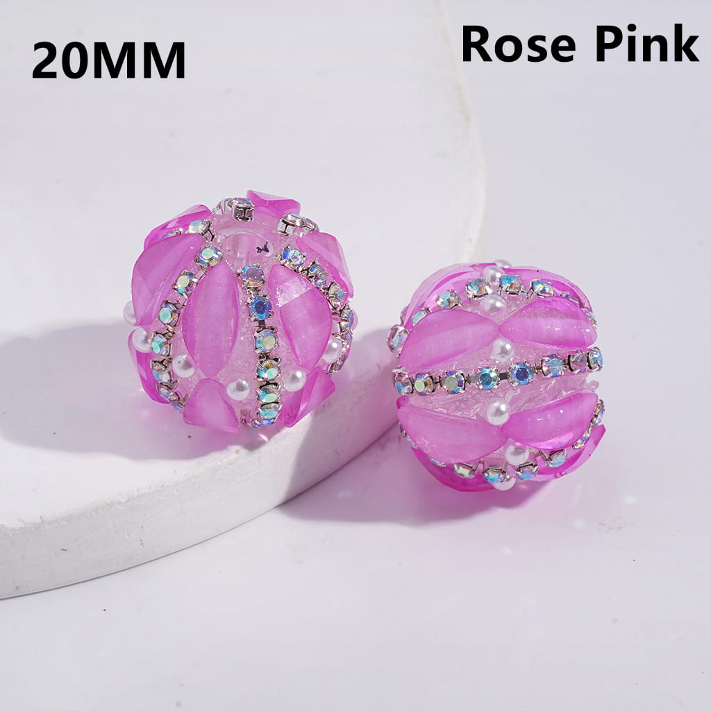 Leaf Shaped Round Acrylic Beads with AB Rhinestone Chains & White Pearls 20MM (Please Read Description) Random Mix