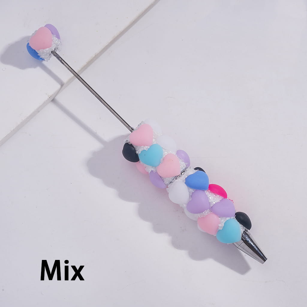 Handmade Beadable Sugar Clay Pens with Matte Hearts & Tiny Broken Rhinestones, Fully Covered Design in Multi-Color