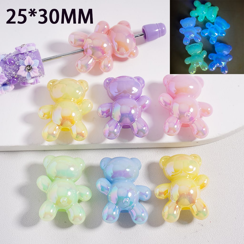 UV Coating Luminous Glow Cute Bear Acrylic Beads 25*30MM, Random Mix