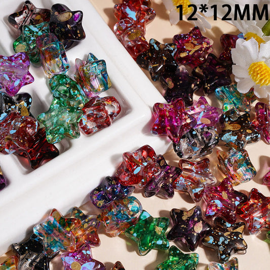 Transparent Glitter Star Acrylic Beads with Gold Foil & Splash Ink Pattern, 12×12MM, Multi Colors Random Mix (The Hole Diameter is Around 3.5MM)