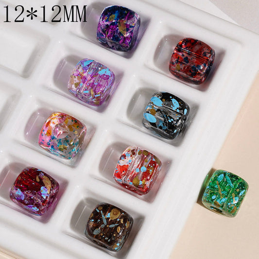 Ink Splash Oil Painting Style Printed Rounded Cube Square Shape Acrylic Beads, Big Hole 12*12MM Random Mix (The Hole Diameter is Around 5MM)