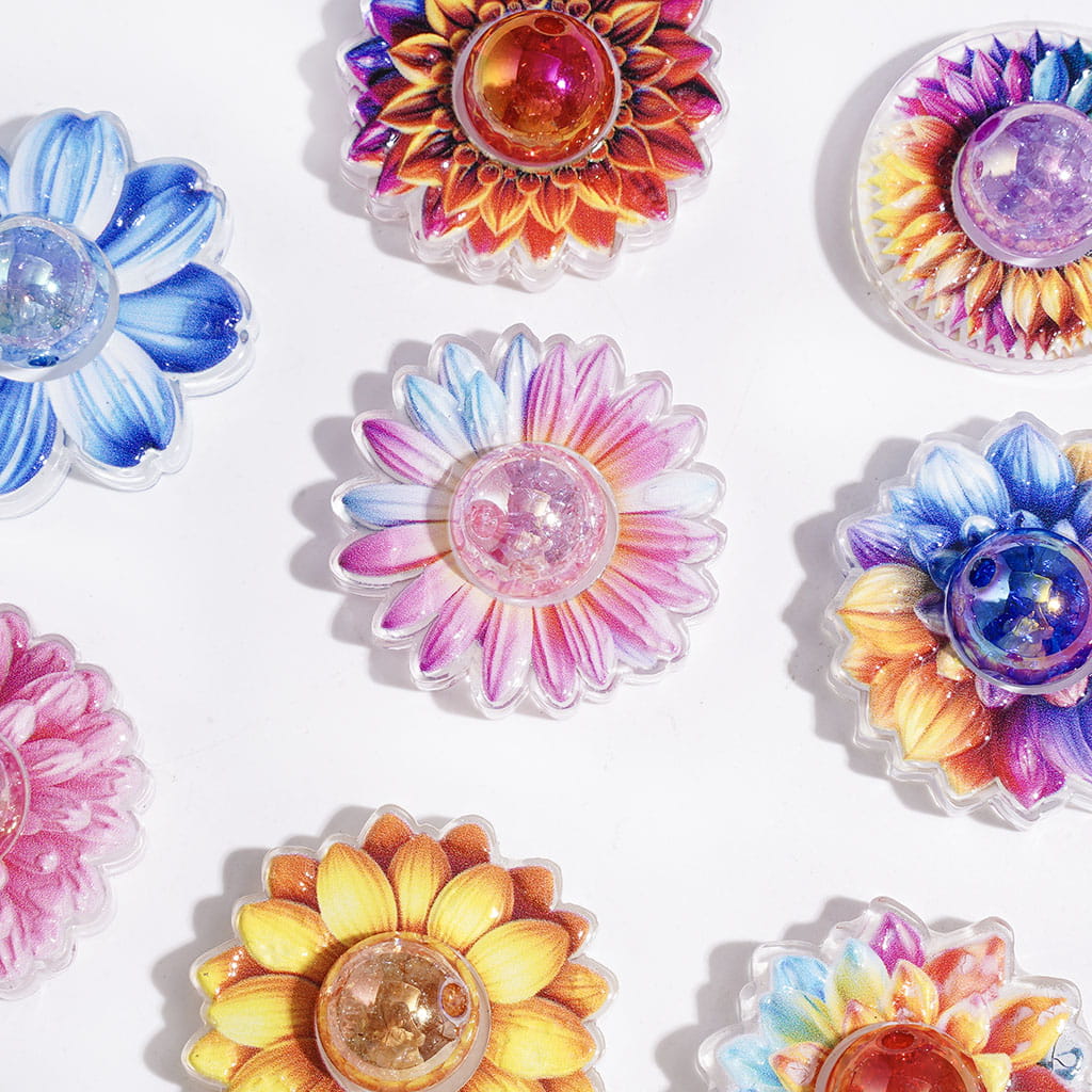 Hollowed Sun Flower and UV Finish Crackle Round Beads Acrylic Beads, Semi-Clear, Multi-Color, Random Mix