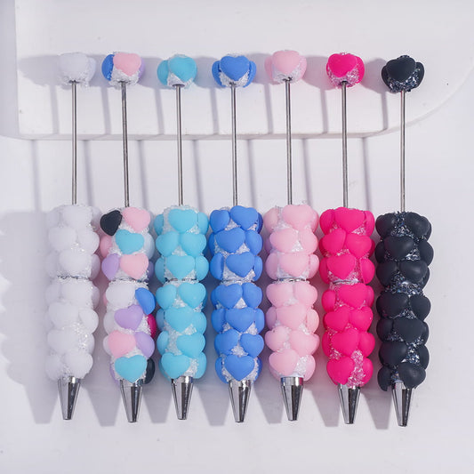 Handmade Beadable Sugar Clay Pens with Matte Hearts & Tiny Broken Rhinestones, Fully Covered Design in Multi-Color
