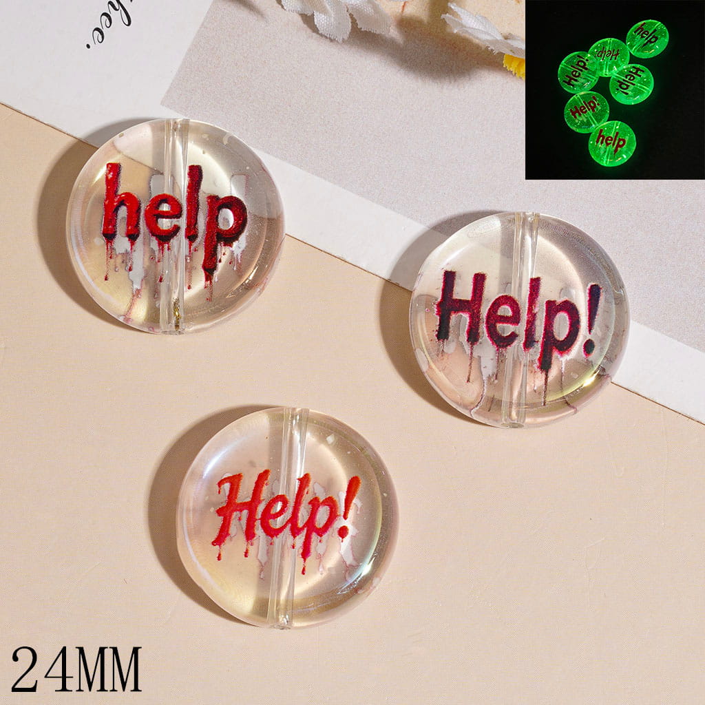 Acrylic Beads Luminous with Red Text "Help" Pattern, Clear, Flat Round Shape, 24MM Random Mix
