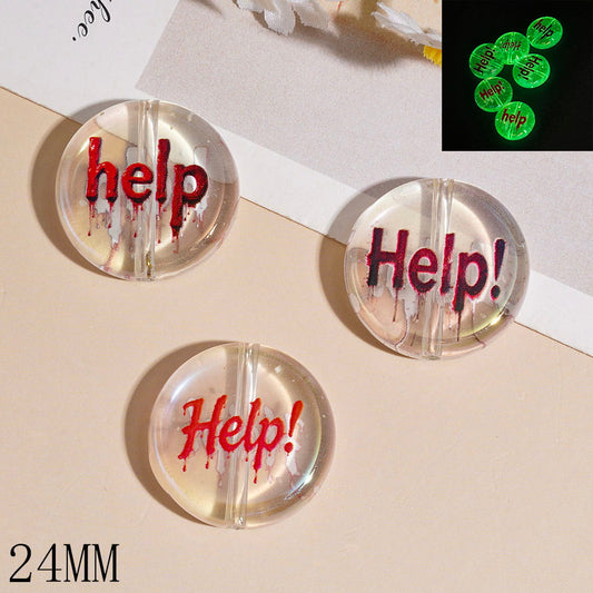 Transparent Luminous Horror Bloody "Help!" Text Printed Flat Round Shape Acrylic Beads, 24MM, Random Mix
