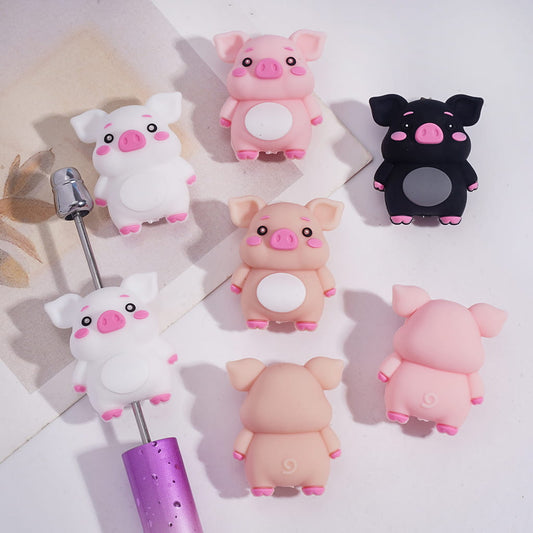 3D Cute Adorable Pig with Pink Blush, Various Colors Silicone Focal Beads