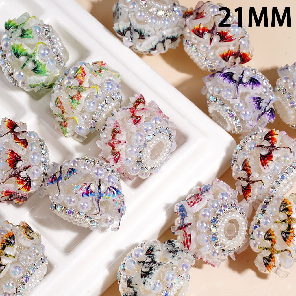 UV Coated Half Shell Pearl Dragon Bird Handmade Acrylic Beads with AB Rhinestones & White Pearl Chain, 21MM Multi-Color Random Mix