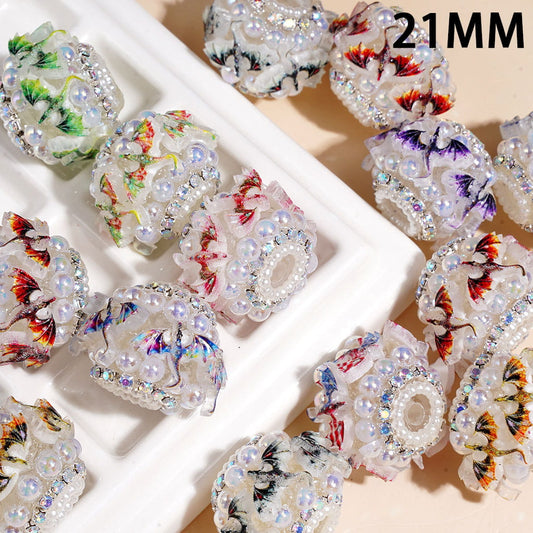 UV Coated Half Shell Pearl Dragon Bird Handmade Acrylic Beads with AB Rhinestones & White Pearl Chain, 21MM Multi-Color Random Mix