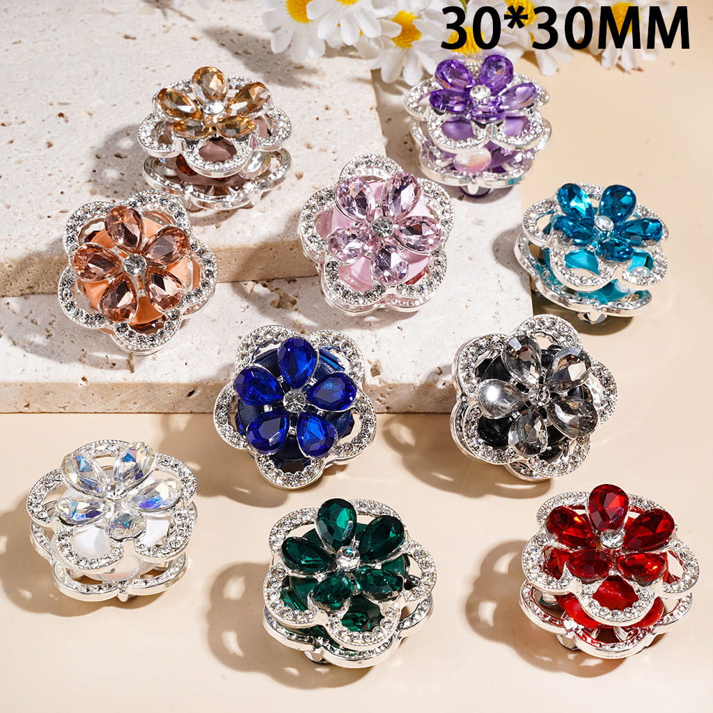 Silver Metal Five-Petaled Flower Clay Beads with Faceted Crystal Petals & Clear Rhinestones, 30*30MM, Random Mix