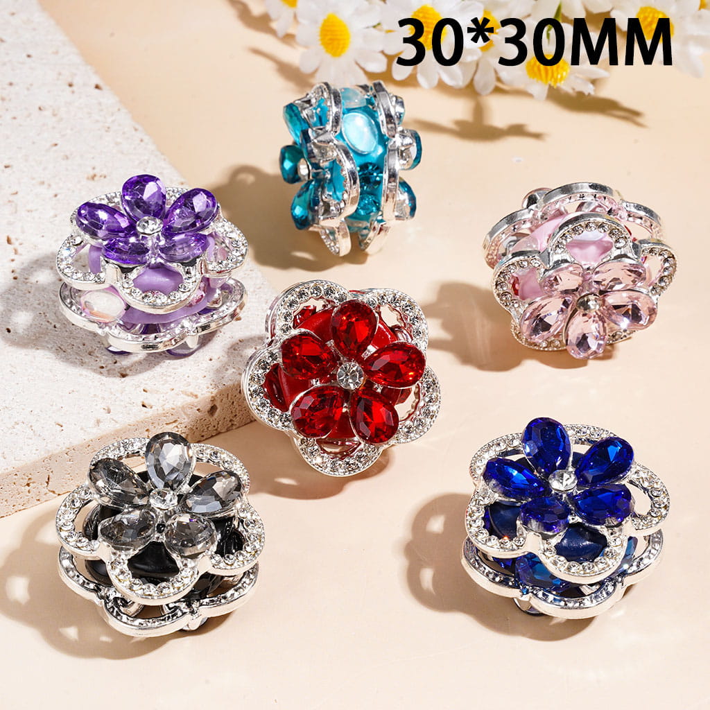 Silver Metal Five-Petaled Flower Clay Beads with Faceted Crystal Petals & Clear Rhinestones, 30*30MM, Random Mix
