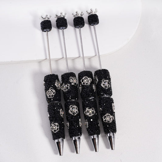 Black & AB Rhinestones Fancy Silver Alloy Crown Flower Beadable Clay Pen