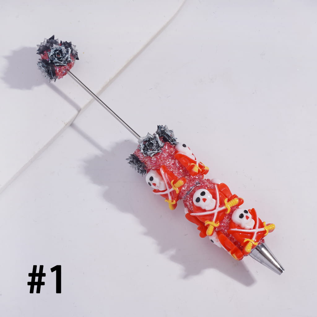 Halloween Beadable Sugar Clay Pens Fully Covered with Broken Rhinestones and Glittery Rose Flower Design