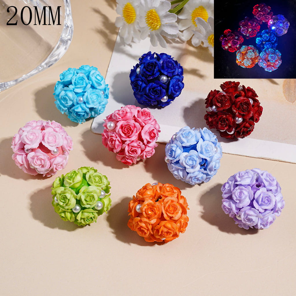 Luminous Colorful Rose Flower Round Acrylic Beads with White Pearls, 20MM, Random Mix