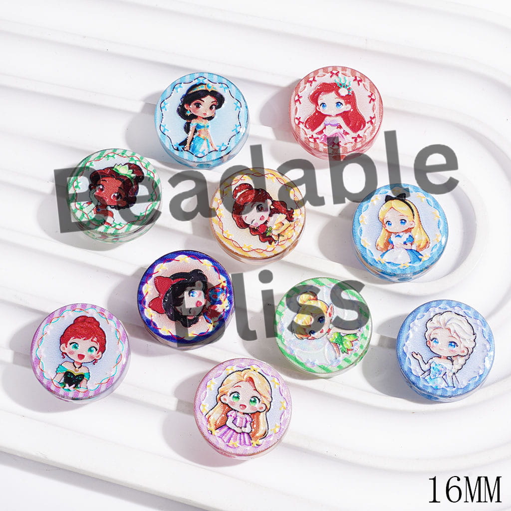 Semi-Clear Acrylic Beads with Beautiful Princess Print, Flat Round Shape, 16MM, Random Mix