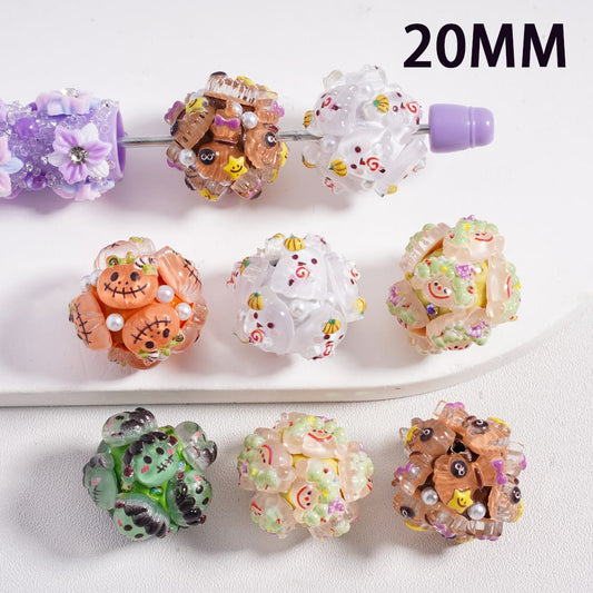 Halloween Cute Little Monster White Pearls & Rhinestones, Ghosts Faces & Pumpkins Round Clay Beads 20MM Random Mix
