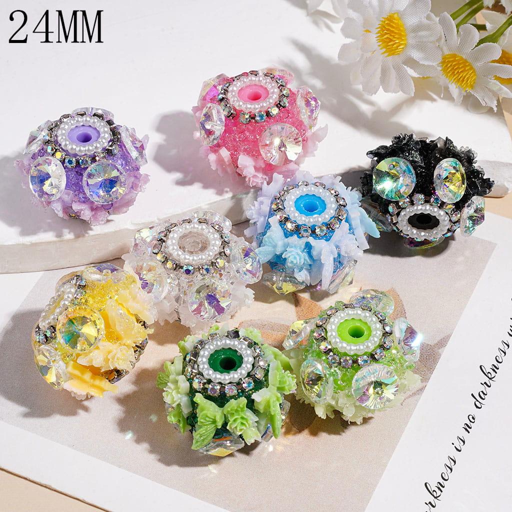 Gold Glitter Rose Flower & Butterfly Cube Acrylic Beads with Large Cone-Shaped Clear AB Rhinestones and White Pearl Trim, 24MM, Random Mix