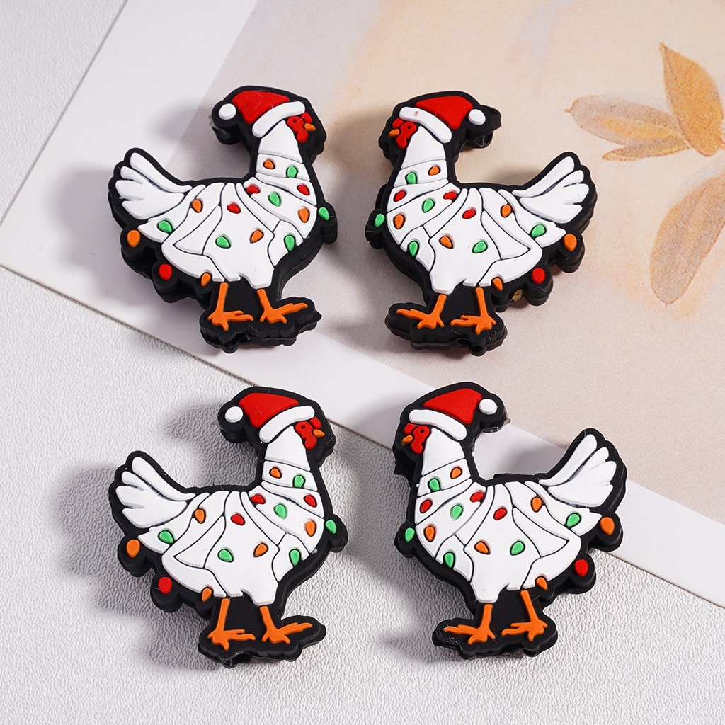 Cute Rooster with Santa Hat & Colorful Christmas Lights Silicone Focal Beads