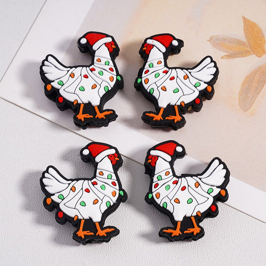 Cute Rooster with Santa Hat & Colorful Christmas Lights Silicone Focal Beads