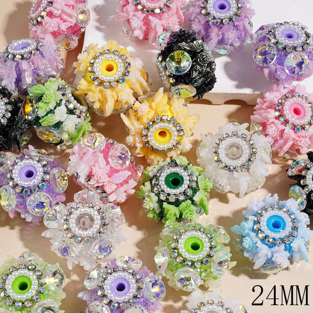 Gold Glitter Rose Flower & Butterfly Cube Acrylic Beads with Large Cone-Shaped Clear AB Rhinestones and White Pearl Trim, 24MM, Random Mix