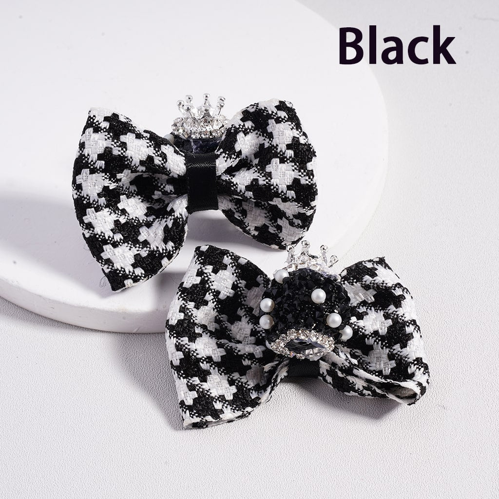 Double Color Fabric Bow with Silver Alloy Crown Rhinestones Chains & White Pearls Suagr Acrylic Beads