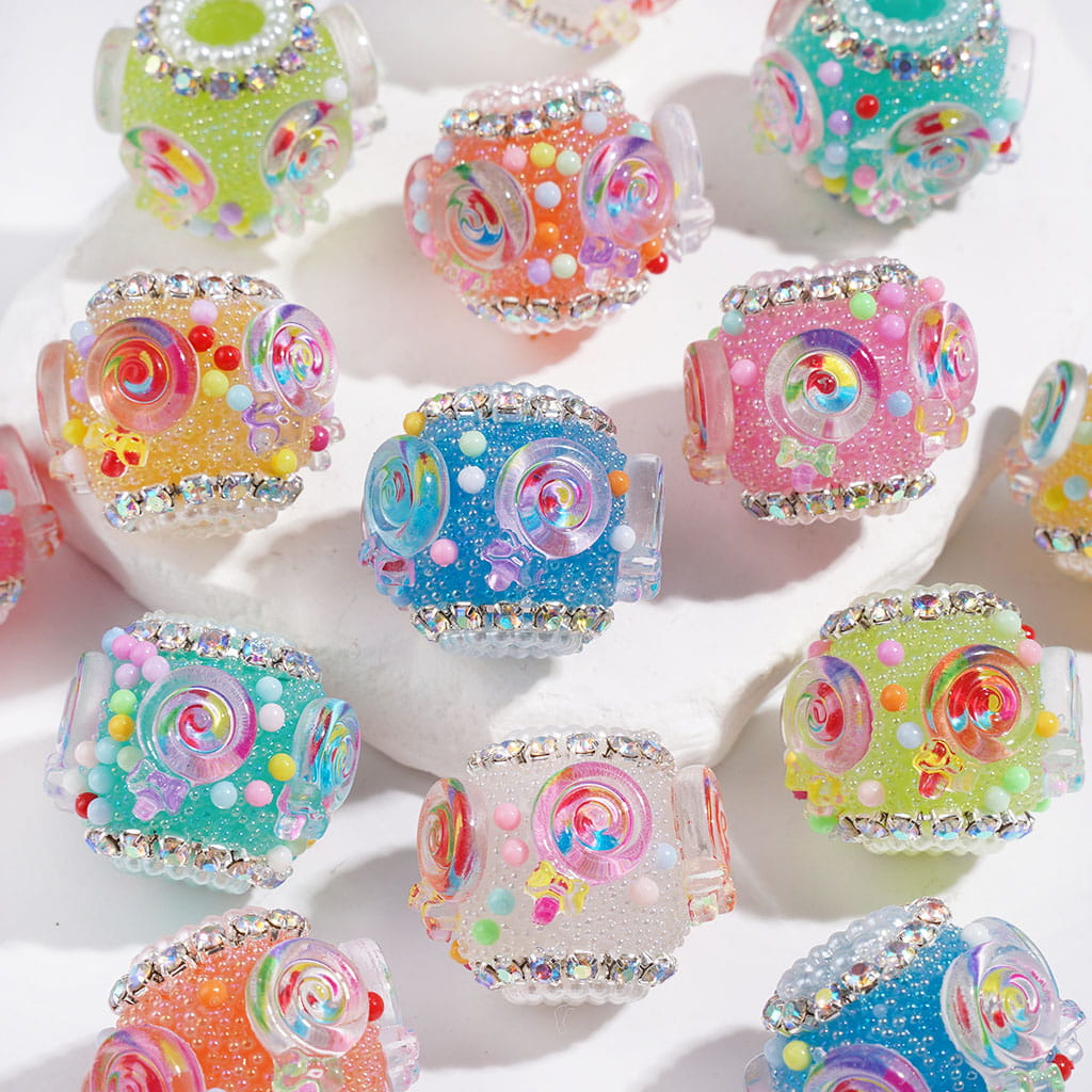 Handmade Acrylic Beads w Tiny Bubble Balls & Transparent Rainbow Lollipop Colored Small Beads, AB Rhinestone & White Pearl Ball Chains, 20MM Multi-Color