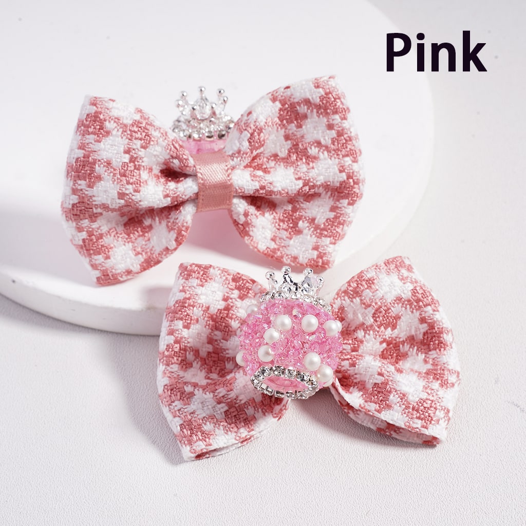 Double Color Fabric Bow with Silver Alloy Crown Rhinestones Chains & White Pearls Suagr Acrylic Beads