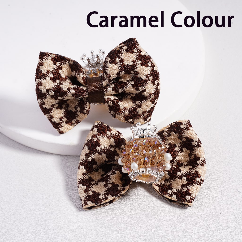 Double Color Fabric Bow with Silver Alloy Crown Rhinestones Chains & White Pearls Suagr Acrylic Beads