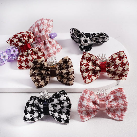 Double Color Fabric Bow with Silver Alloy Crown Rhinestones Chains & White Pearls Suagr Acrylic Beads