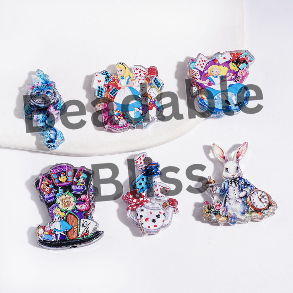 Semi-Clear Girl into Rabbit Hole Fantasy World Printed Series Acrylic Beads, Random Mix