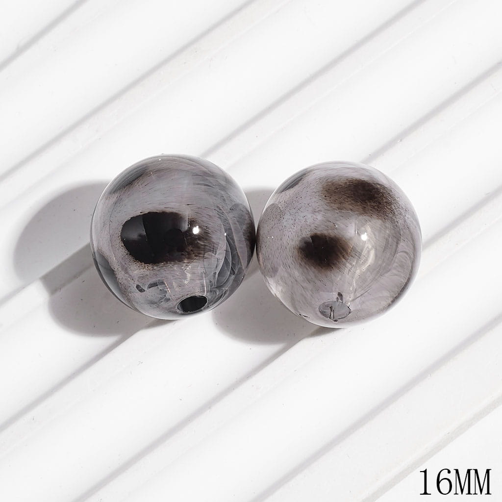 Semi-Clear Acrylic Beads for DIY Bracelets with White Abstract & Brown Spots, 16MM, Light Brown and Clear Gray