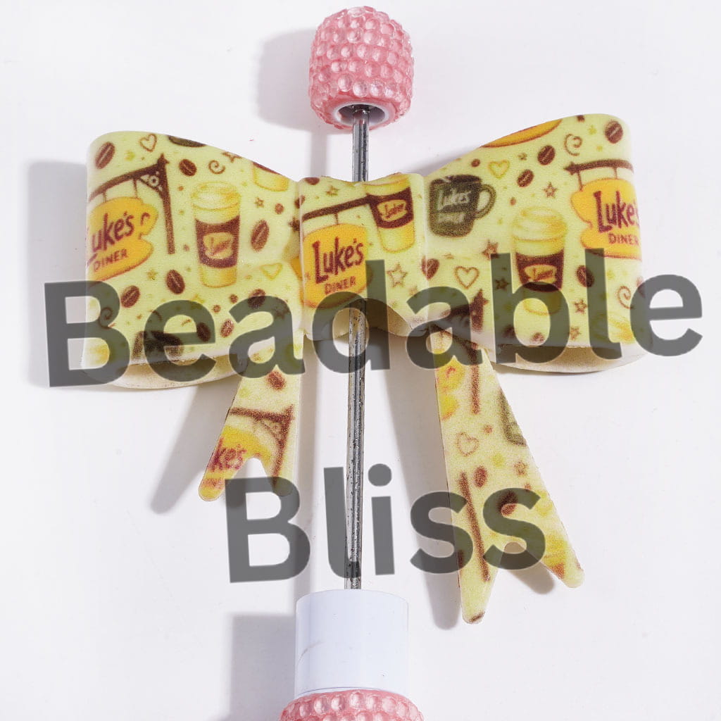 UV-Printed Silicone Focal Beads Soft Bowtie with Coffee Theme Pattern, 52*59MM