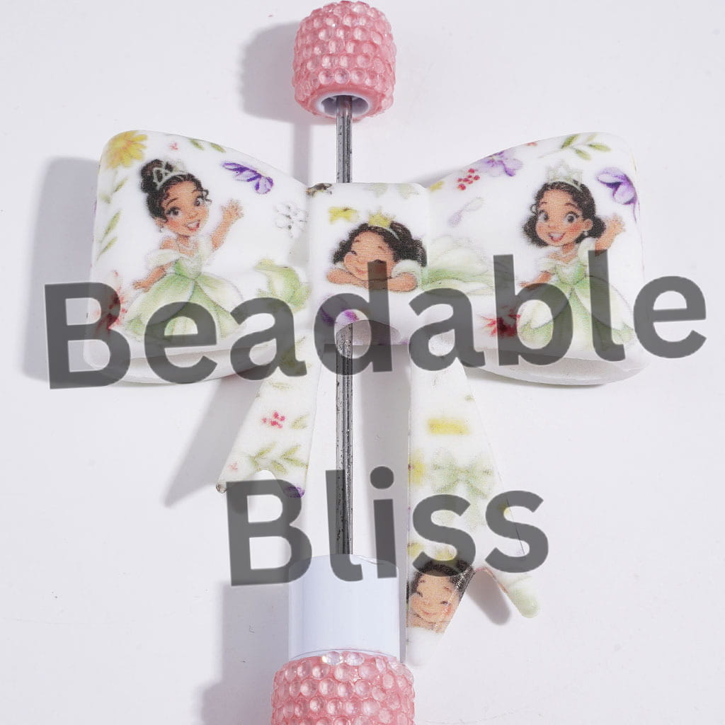 UV-Printed Soft Bowtie with Green Dress Beautiful Princess and Frog Printed Silicone Focal Beads, 52*59MM