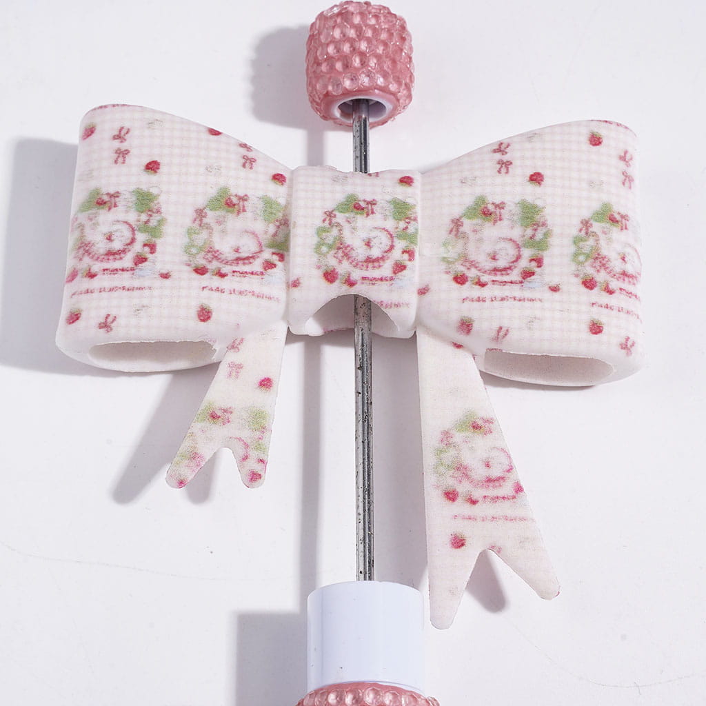 UV-Printed Soft Bowtie with Pink & White Checkered Pattern and Berry Girl Printed Silicone Focal Beads, 52*59MM