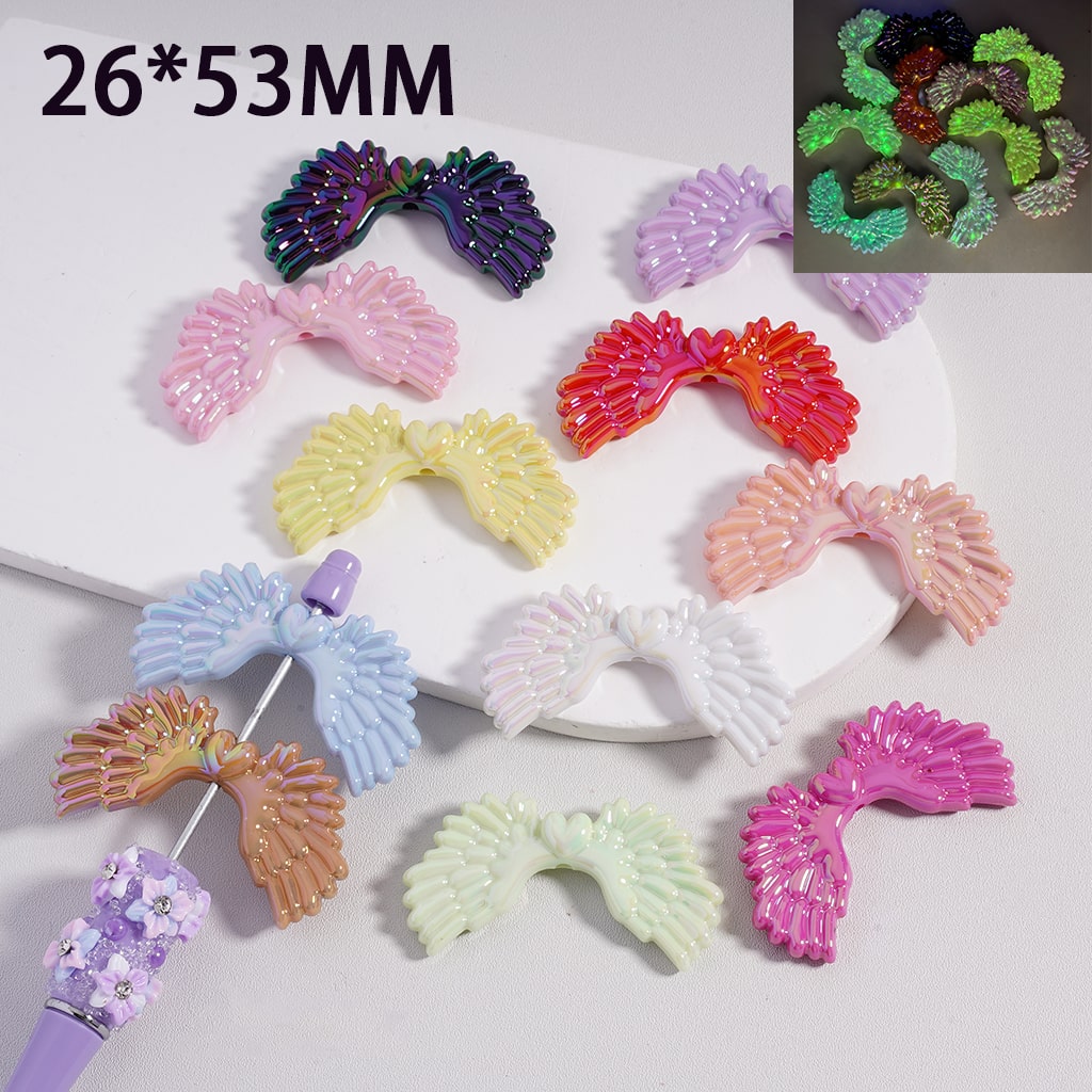 Luminous UV Coated Cute Angel Wings Solid Color, Acrylic Beads 26*53MM Random Mix (Single Color is available for 100pcs(Whole Bag)Only)