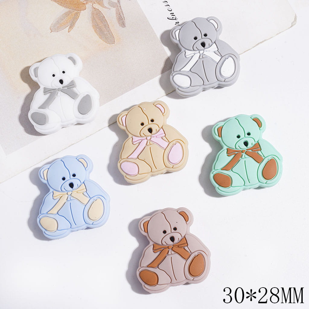 Bear Wearing Bowtie on the Neck Silicone Focal Beads, 30*28MM, Multi-Color