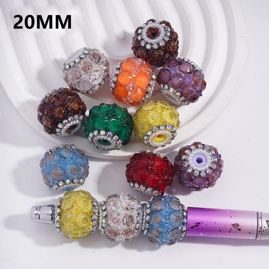 Sparkling Handmade Multi-Color Round Acrylic Beads with Full Rhinestone Cover, AB Rhinestones & White Pearl Chains, 20MM
