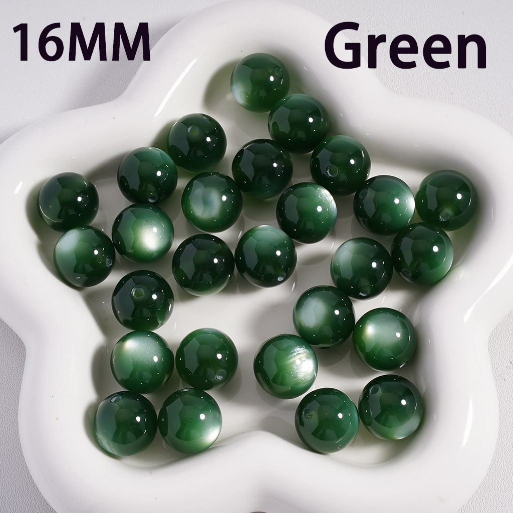 Green beads on a white dish with '16MM' and 'Green' text.

