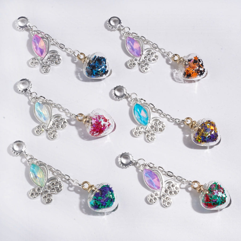 Alloy Bail Loop Beads, Charm Pendants Heart Glass Bottle with Star Sequins, Silver Butterfly with AB and Marquise Cut Rhinestones, Multi-Color Random Mix