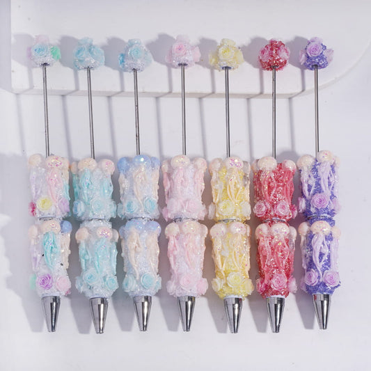 Sugar Clay Beadable Pens Fully Covered with Jellyfish Design, Broken Rhinestones & Rose Flowers, Multi-Color