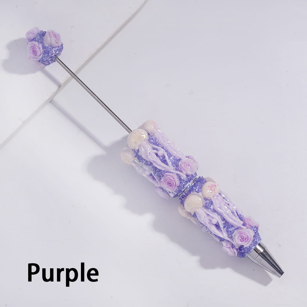 Sugar Clay Beadable Pens Fully Covered with Jellyfish Design, Broken Rhinestones & Rose Flowers, Multi-Color