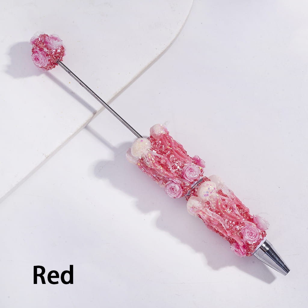 Sugar Clay Beadable Pens Fully Covered with Jellyfish Design, Broken Rhinestones & Rose Flowers, Multi-Color