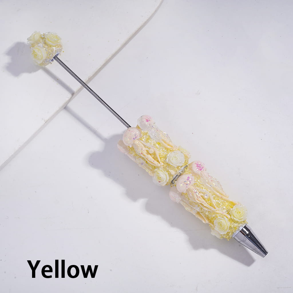 Sugar Clay Beadable Pens Fully Covered with Jellyfish Design, Broken Rhinestones & Rose Flowers, Multi-Color
