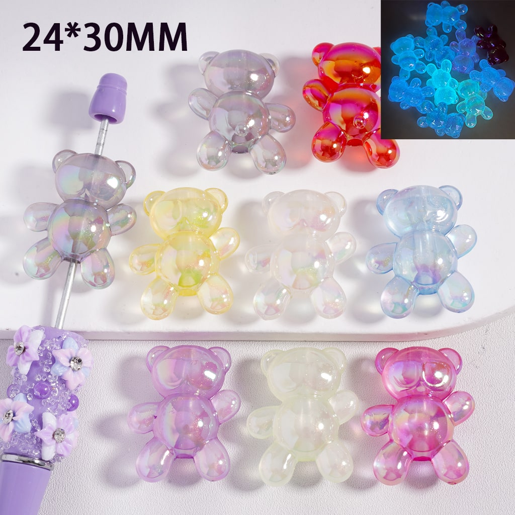 Luminous Cute Bear with Glitter Inside and UV Coating in Translucent Color 24*30MM Random Mix Acrylic Beads
